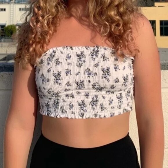 Garage Women’s Floral print Smocked Tube Top Cropped Bandeau Cotton Black Medium - Picture 4 of 13